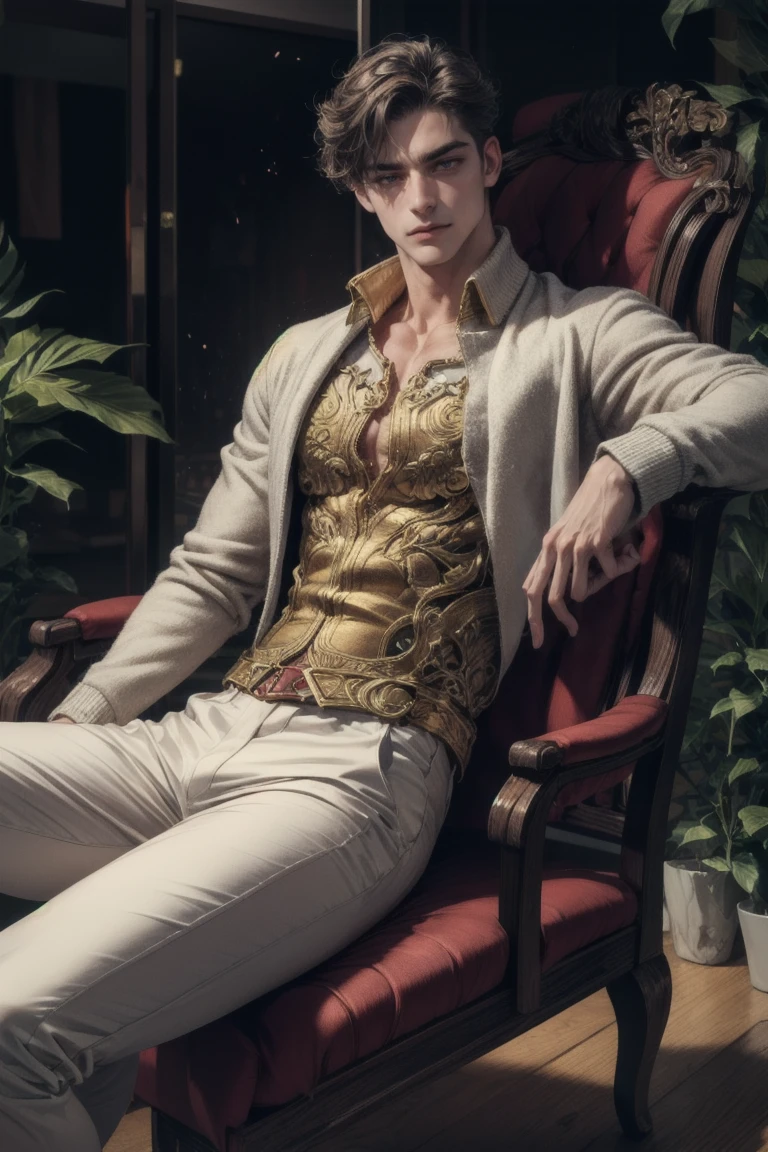 (Absurdres, intricate details, masterpiece, best quality, high resolution, 8k), (1man), (male:1.2), old, aged up, handsome face, angular jawline, finely detailed eyes and face, lean body, physique exudes strength and power, bisque skin, golden French crop hair, ruby eyes, loafers, laying slouched on a chair, luxurious details, Depth of field, VFX.
