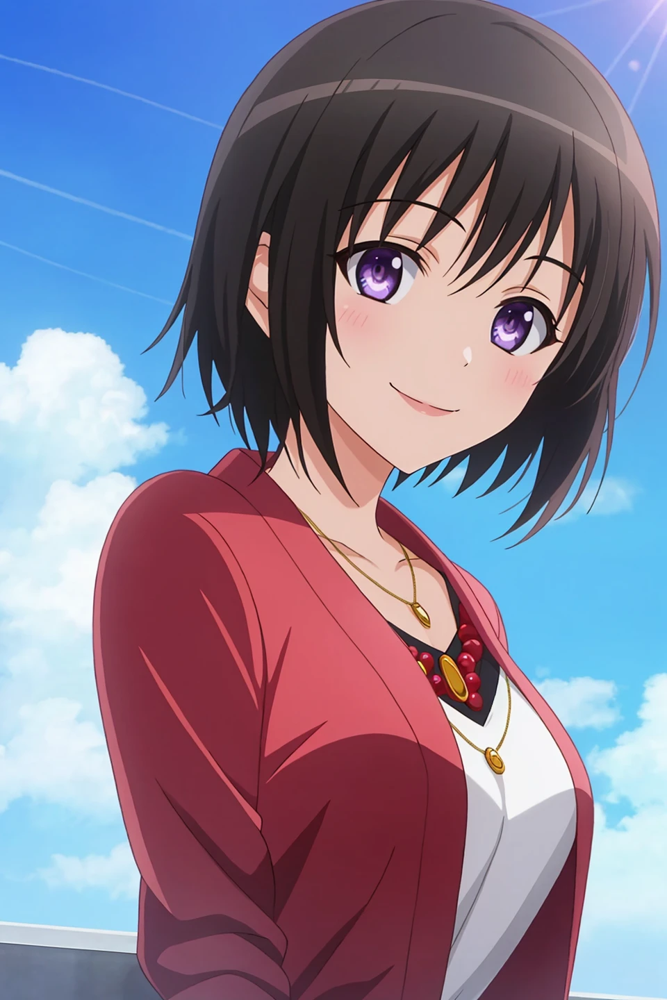 kyouko, anime art style, 1girl, solo, looking_at_viewer, smile, short_hair, black_hair, jewelry, purple_eyes, upper_body, sky, day, necklace