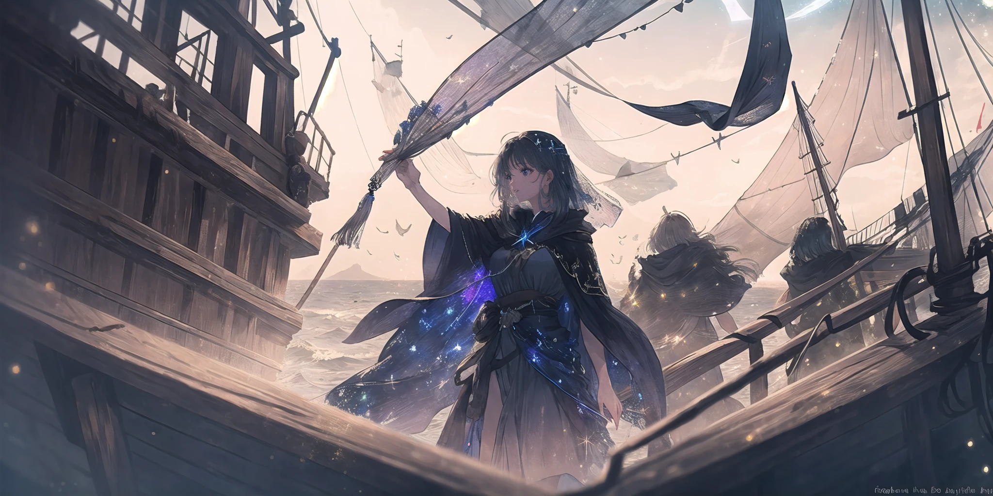 masterpiece, best quality, high quality, 1girl
BREAK
Hopes and fears tightly woven in cosmic threads. The fabric of life swaying 'neath our hasty treads. Underneath this darkened cloak and shimmering veil. Lies an ageless symphony for which we endlessly sail.