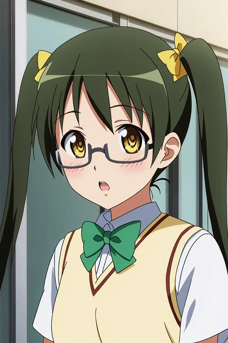 mio, anime art style, 1girl, solo, open_mouth, black_hair, bow, twintails, brown_eyes, school_uniform, yellow_eyes, green_hair, glasses, bowtie, sweater_vest