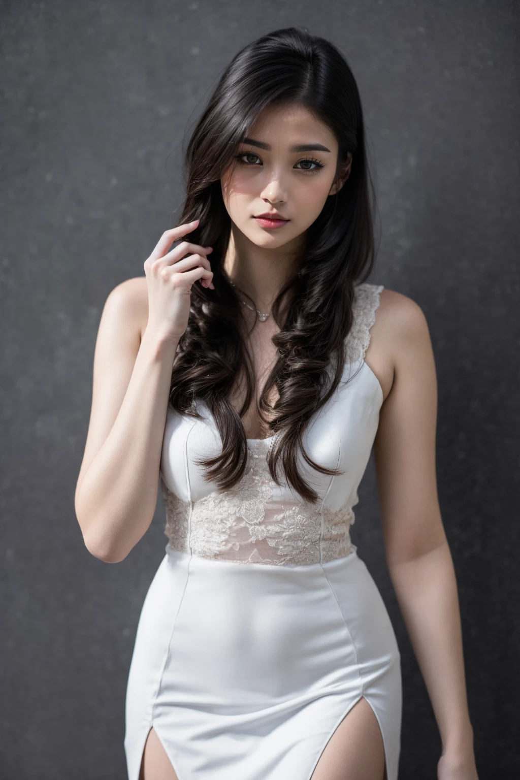 realistic, detailed, realistic details, intricate detail, best illustration, masterpiece,
break,
1girl, extremely beautiful, slender, detailed skin complexion, seductive face, dress, side slit
break,
simple background
break,
cowboy shot, perspective, rule of third, depth and dimension, depth of field
break, <lora:IG_Valezka:0.8>