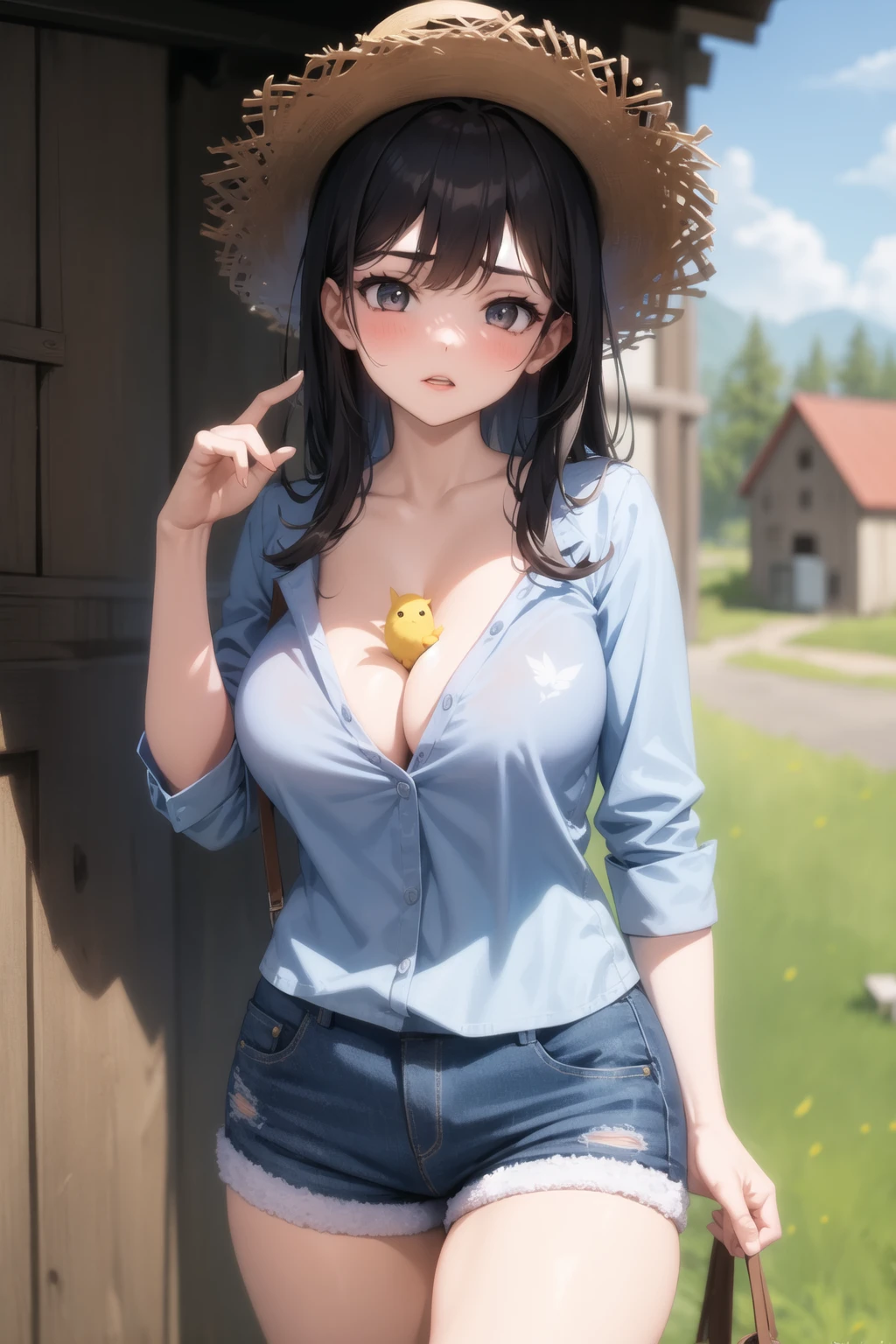 <lora:between_breasts_v0.1:1.0>
1girl, between breasts, bird, plaid shirt, denim shorts, barn, straw hat, cleavage, v,, masterpiece, best quality, highly detailed