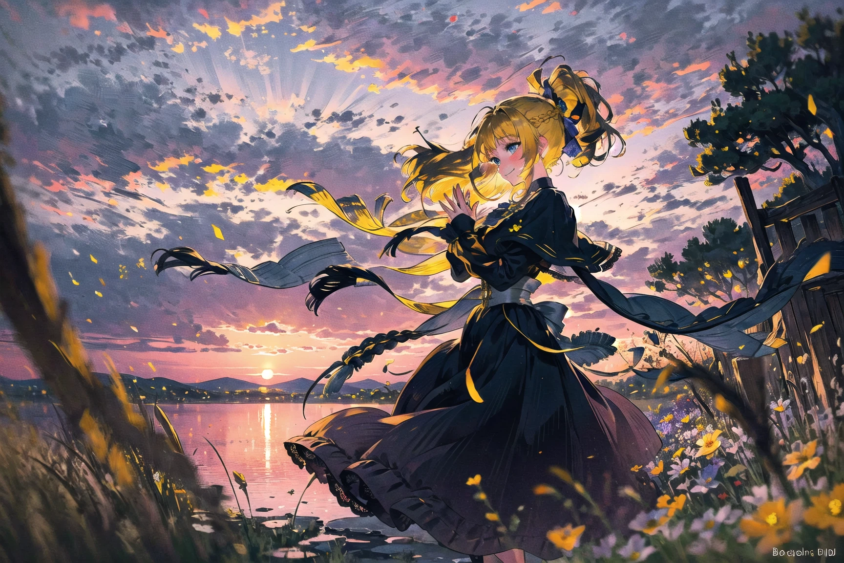 best quality, masterpiece, extremely detailed, detailed background, 1girl, solo, yellow hair, blue eyes, braid, long hair, wavy hair, fluffy hair, ponytail, french braid, blush, smile, capelet, lace trim, bodice, sunset, dusk, scenery, high place, horizon, wind, wind blow, flowerbed, hands up, depth of field, bokeh