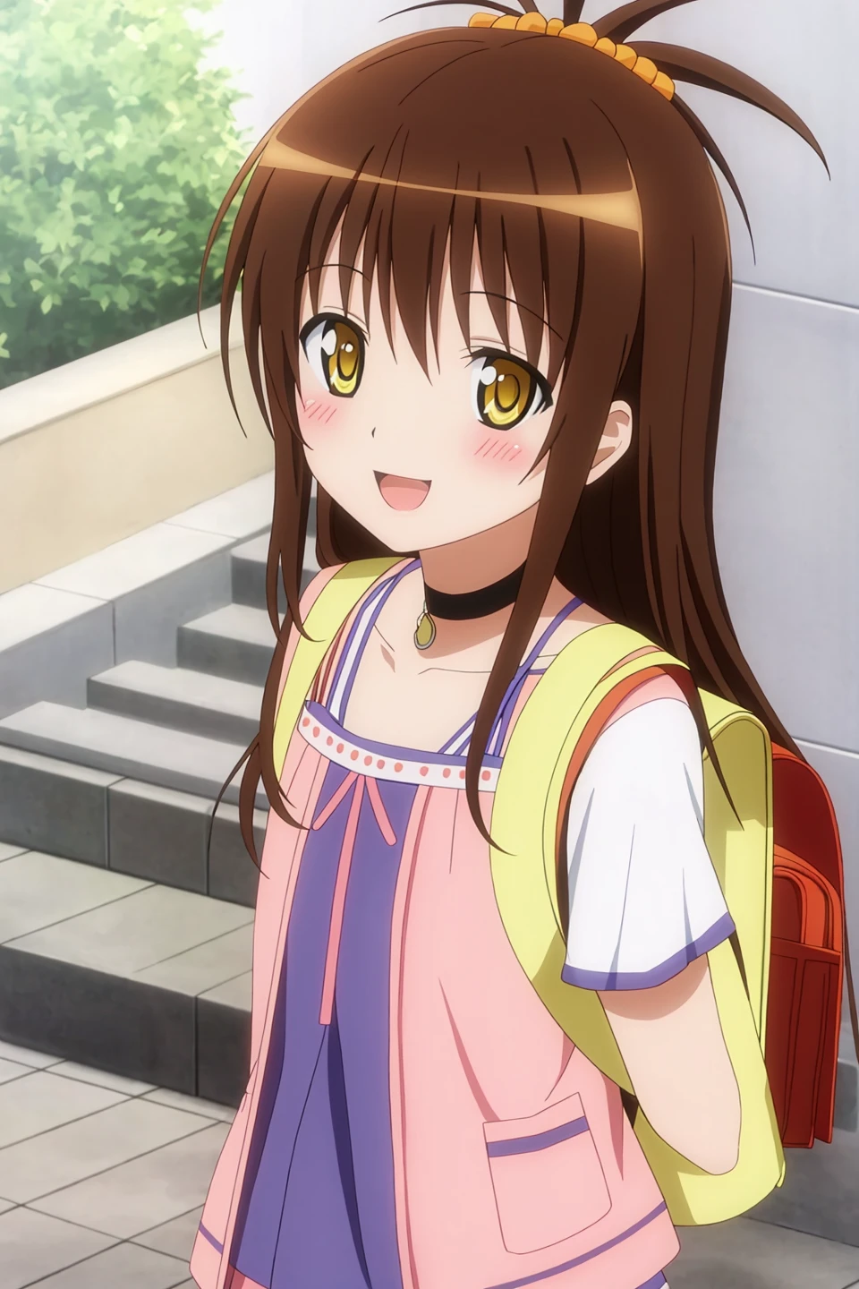 mikan, anime art style, 1girl, solo, long_hair, blush, smile, open_mouth, brown_hair, yellow_eyes, choker, bag, backpack, randoseru