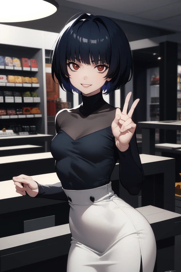 masterpiece, best quality, absurdres, perfect anatomy, 1girl, solo, Tae Takemi, short hair, high-waist skirt, long skirt, white skirt, black shirt, long sleeves, smile, standing, indoors, shopping mall