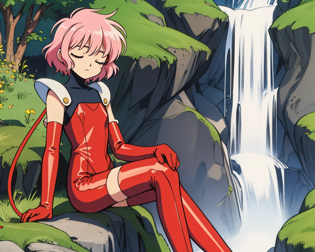 (Masterpiece), (highres), 1990s \(style\), (Traditional Media), (Manga), <lora:Angelic_Layer-03:0.8>, retro artstyle, Illustration, graphite \(medium\), dynamic, cowboy shot, hikaru1, (layersuit:1.4), perfection, stylish, solo, feet out of frame, (detailed face, detailed eyes:1.1), closed eyes, ((sleeping upright)), beautiful, (perfection), stylish, details, depth of field, ((bloom)), cinematic, <lora:clamp__circle__offset:0.4>, blurry background, nature, waterfall, valley, waterfall, fairytale, outdoors, day, extremely detailed background, film grain:0.7
