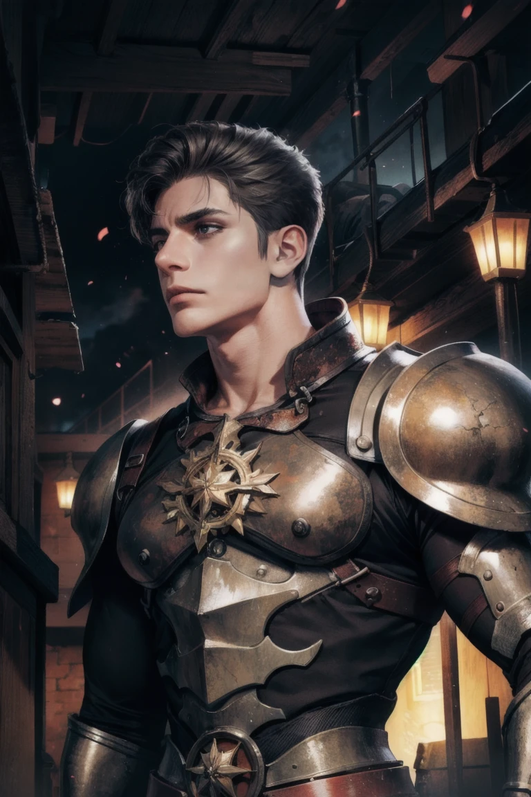 (Absurdres, intricate details, masterpiece, best quality, high resolution, 8k), (1man), (male:1.2), old, aged up, masked face, angular jawline, finely detailed eyes and face, lean body, physique exudes strength and power, porcelain skin, plum taper fade hair, pink eyes, tired face, portrait, solo, upper body, looking up, detailed background, detailed face, (<lora:HorrorBundlev4:0.4>, 1nf3rnalAI, infernal theme:1.1), rust-warrior, rusty armor, rusted metal, (rusty:1.05), brown rust, weathered, soot, made of rust, fully rusted, machinery, dynamic pose, factory in background, low light, dark clouds, cinematic atmosphere, 21st century modern, precise details, VFX, Bokeh, Cinematic Pose, Shallow Focus, Low Angle Shot, Edge Lighting, Tone-mapping, Ambient Occlusion, Bloom, Spectacular Map, Color Punch Overlay.