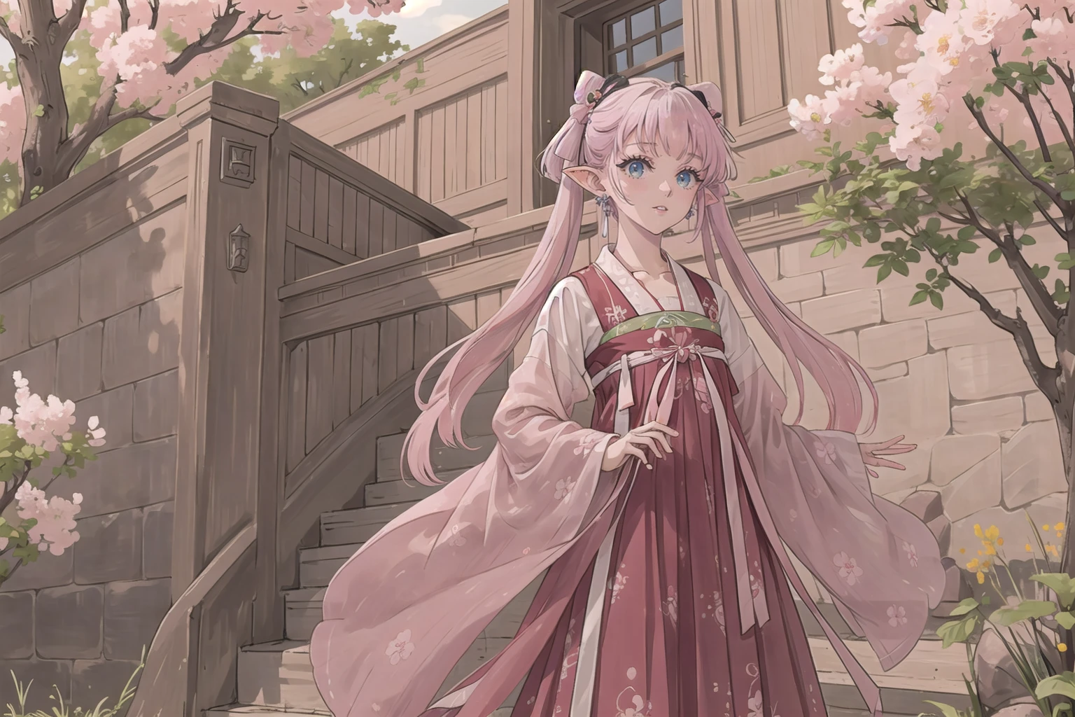masterpiece, best quality, 1girl, solo, [pink hair|two-tone hair|white hair], twintails, multicolored hair, white hair, pink hair, wavy hair, parted bangs, swept bangs, green eyes, tsurime, (pointy ears, wind:1.2), child, smile, blush, tree, plant, petals, flowers, plum blossoms, spring, BREAK chest po skirt, (pibo:1.2), waistband, multicolor,  <lora:tangStyle5:0.5>