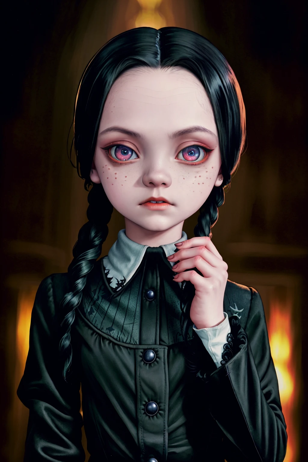 Highly detailed digital illustrations, High resolution, Masterpiece, (Wednesday Adams as Chr1st1naR1cc1), Black hair, (Double blade:1.2), 15 years old, Cowboy shot, She has the (((Giant bare breasts, Big erect nipples)))after huge
long hair, See your viewers, (Black dress with white polka dots, With white collar), Punches, Iris, Dagger, Grumpy face, Glare,
at night, Dark ambient lighting, , wednesday addams, lighting