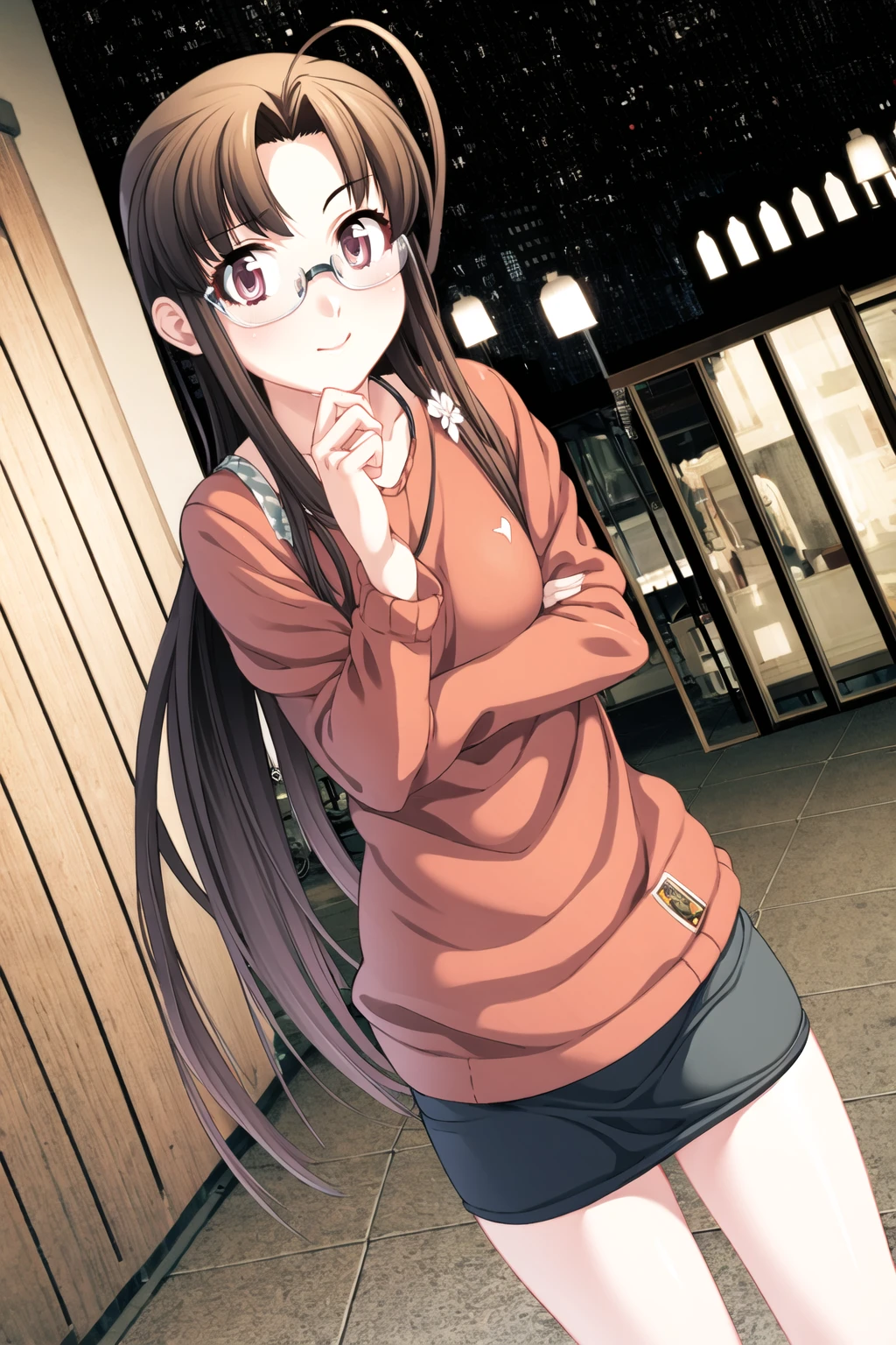 ((masterpiece, high quality, best quality)),
1girl, glasses, long hair, brown hair, antenna hair, looking back, hair ribbon, dutch angle, sweater, apron, brown eyes, long sleeves, night, from behind, smile, street,
<lora:nithe-style_v1.1:1.0>