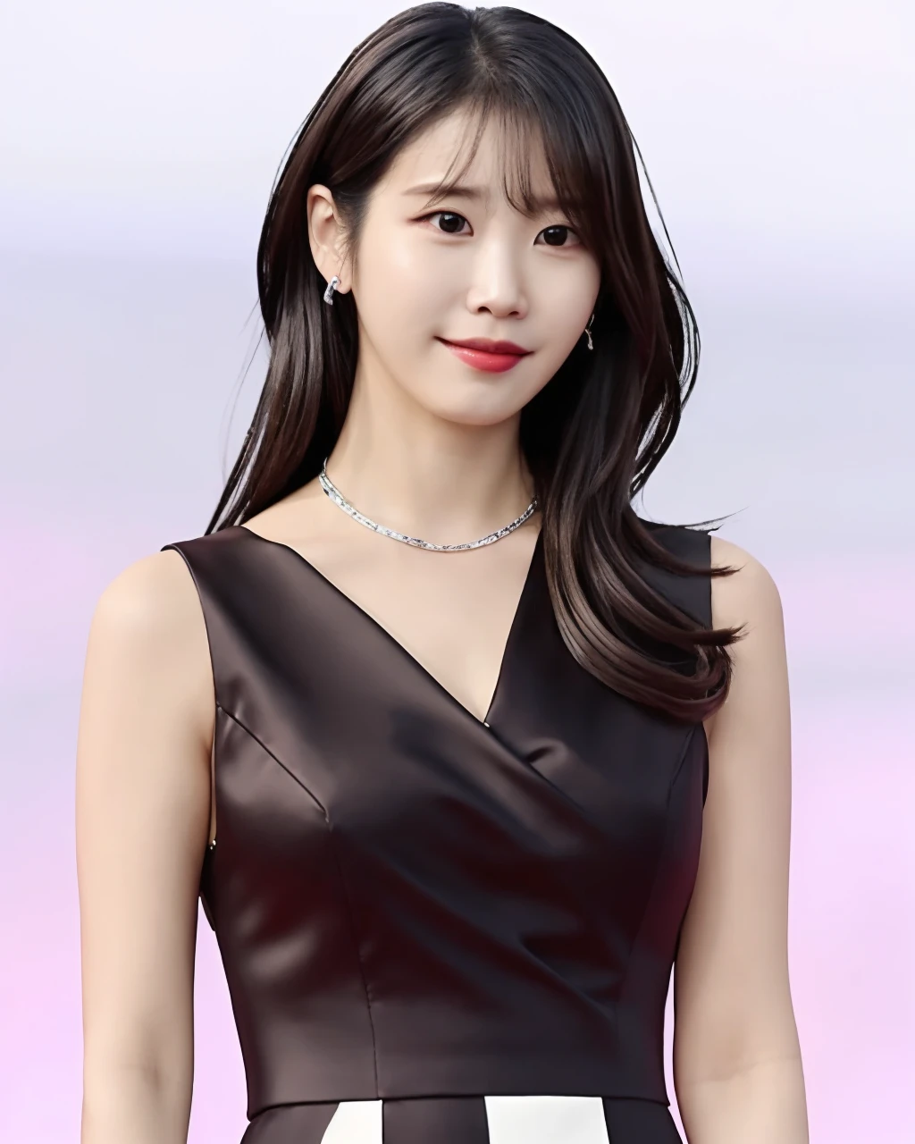 best quality, IU, 1girl, solo, long hair, looking at viewer, brown hair, black hair, jewelry,dress, upper body, mole, black eyes, sleeveless, necklace, white dress , blurry background,  <lora:IU_idol_v3_origin:0.6>