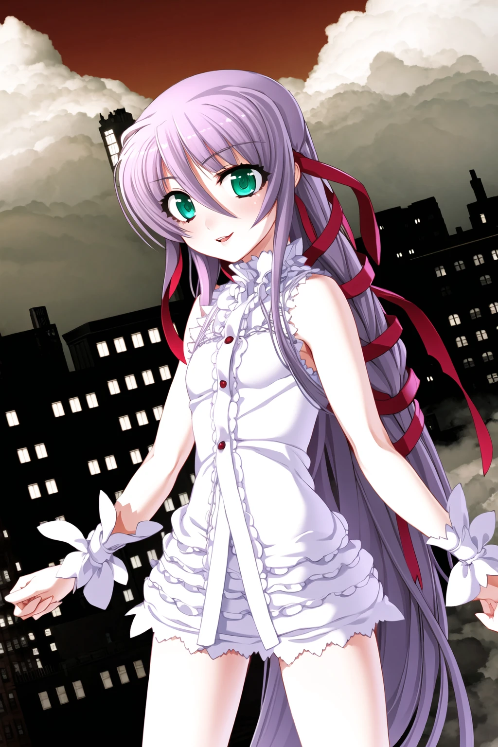 ((masterpiece, high quality, best quality)),
al azif, metropolis, 1girl, very long hair, red ribbon, hair ribbon, light purple hair, looking at viewer, green eyes, wrist cuffs, sleeveless, frills, cowboy shot, white short dress, bangs, center frills, wrist ribbon, bare shoulders, blush, flat chest, dutch angle,
<lora:nithe-style_v1.1:1.0>