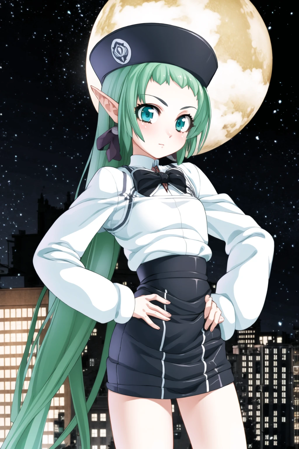 ((masterpiece, high quality, best quality)),
1girl, pointy ears, very long hair, short bangs, cityscape, night sky, green hair, hat, sky, looking back, building, cloud, long sleeves, standing, aqua eyes, ponytail, looking at viewer, hand on hip, black dress, from behind, closed mouth, cowboy shot,
<lora:nithe-style_v1.1:1.0>