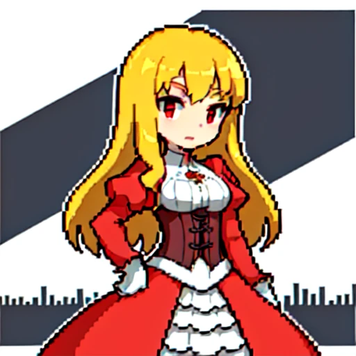 Masterpiece, Best Quality, <lora:Claudia_Local_4_04:1>, pixel , claudia, long hair, blonde hair, red eyes, red dress, red puffy sleeves, red long sleeves, white shirt, white skirt, corset, <lora:pixel_f2:0.5>, castle