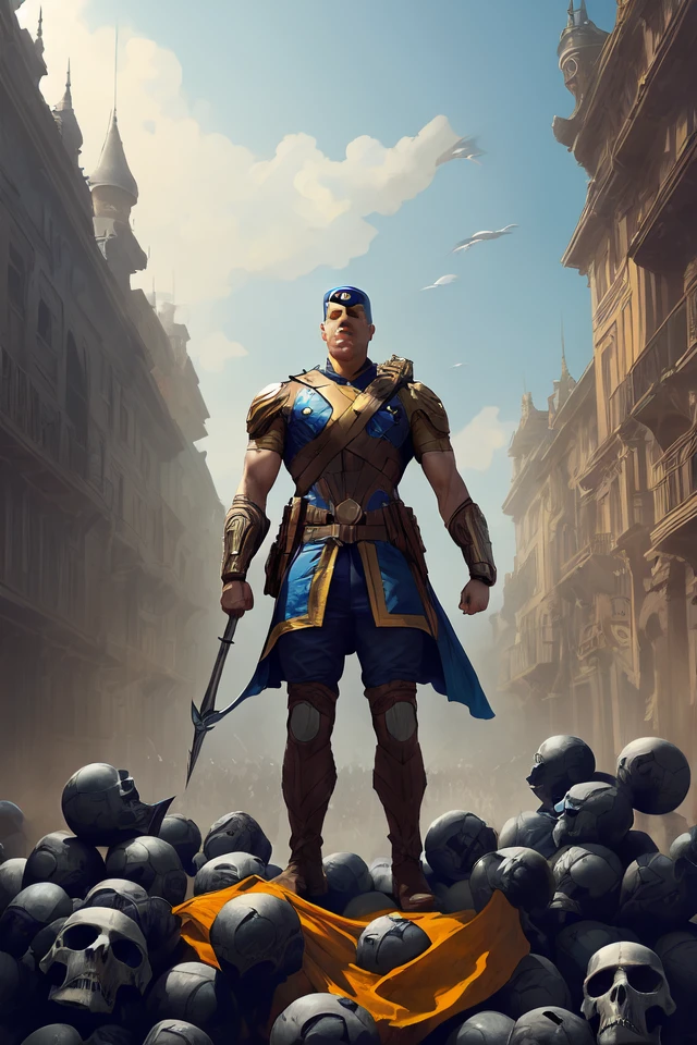 a distant shot of a super soldier with blue and yellow flag and a trident symbol standing alone on a huge pile of skulls as a winner" masculine figure D&D fantasy intricate elegant highly detailed extremely detailed digital painting artstation concept art matte smooth sharp focus hyperrealistic illustration art by Artgerm and Greg Rutkowski and Alphonse Mucha"