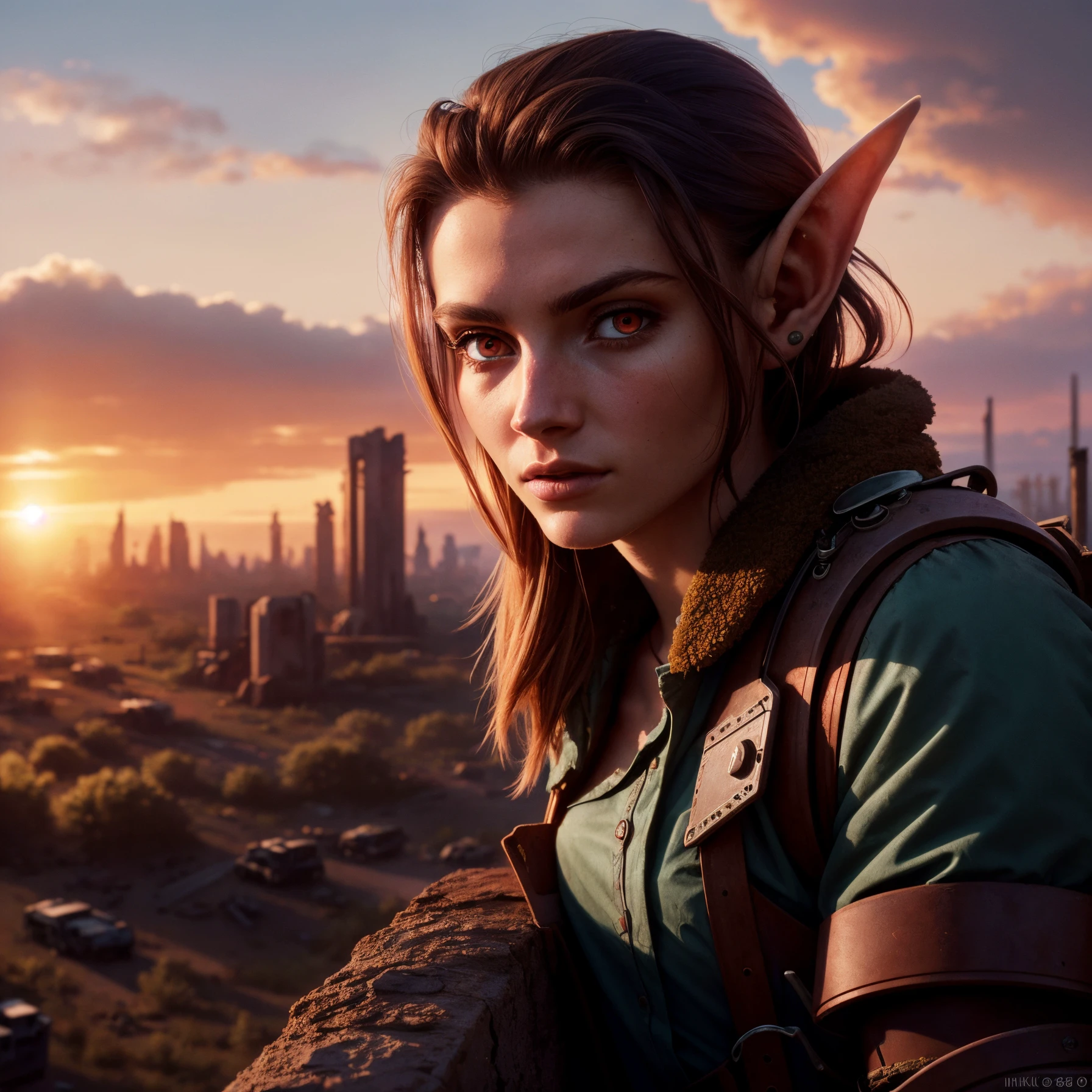 An 18 year old elven woman postapocalyptic outfit, (epic post apocalyptic destroyes city overgrown ruins), detailed background,  red eyes, close-up, amazing fine detail, RAW photo, Nikon D850 film stock photograph Kodak Portra 400 camera f1.6 lens, rich colors, lifelike texture, dramatic lighting, unreal engine, trending on ArtStation, cinestill 800 tungsten, ((new dawn on horizon))