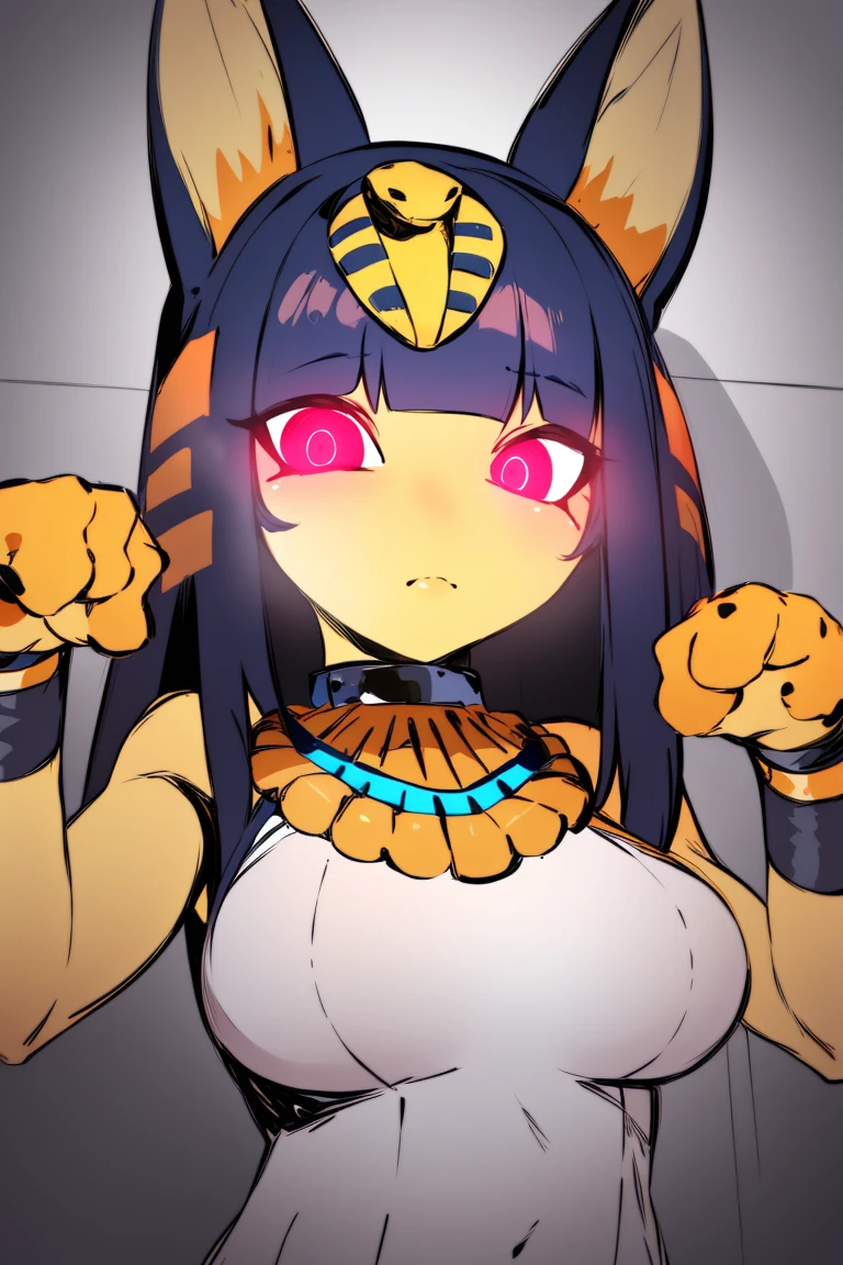 masterpiece, excessive fog, glowing markings, glowing eyes, prefect anatomy , <lora:ankhaAnimalCrossing_v1:0.8>, ankha, 1girl, solo, colored skin,animal ears, paw pose, white dress, masterpiece, realistic, <lora:IlyakuvshinovArtistST1-28:0.8>,