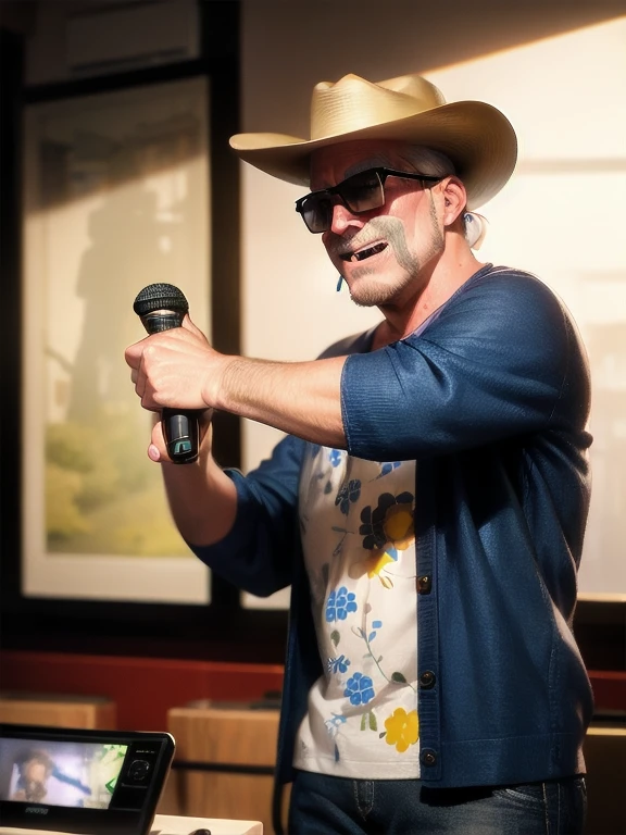 masterpiece, best quality, ultra-detailed, illustration,
karaokeroom, scenery, joypad, AT-CLM7000TX, microphone, karaoke,
older man, (mascular male:1.8), Fine macho, silver hair, short cut, sunglasses, cowboy hat, hold microphone, laughing, thumbs up,
<lora:KaraokeRoomV2-000008_1.0_MID5:1>