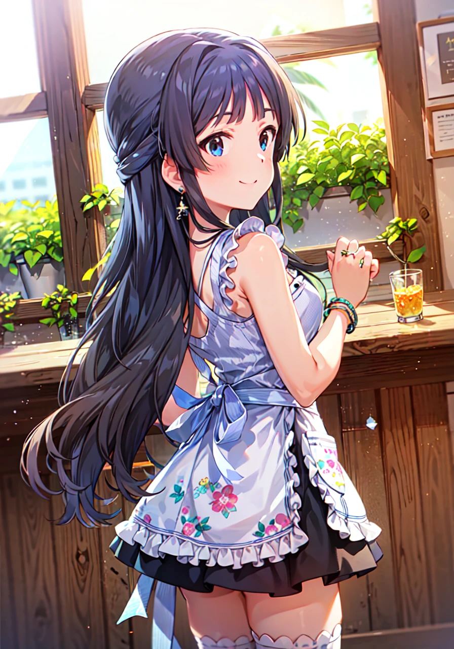 shizuka mogami (million live),
(best quality, 8K, masterpiece, ultra detailed:1.2),cinematic angle,light particles,wide shot,depth of field,blurry,detailed backgorund,dynamic pose,sunbeams,
indoor,day,dappled sunlight,afternoon,window,kitchen,plants,silent and sweet,
1girl,solo,smile,cute,happy,innocent,collarbone,black hair, long hair, blue eyes, blunt bangs, sidelocks, half updo, hime cut,
floral print apron,ribbon,white thighhighs,wedding ring,earrings,bracelet,necklace,from above,standing,from behind,