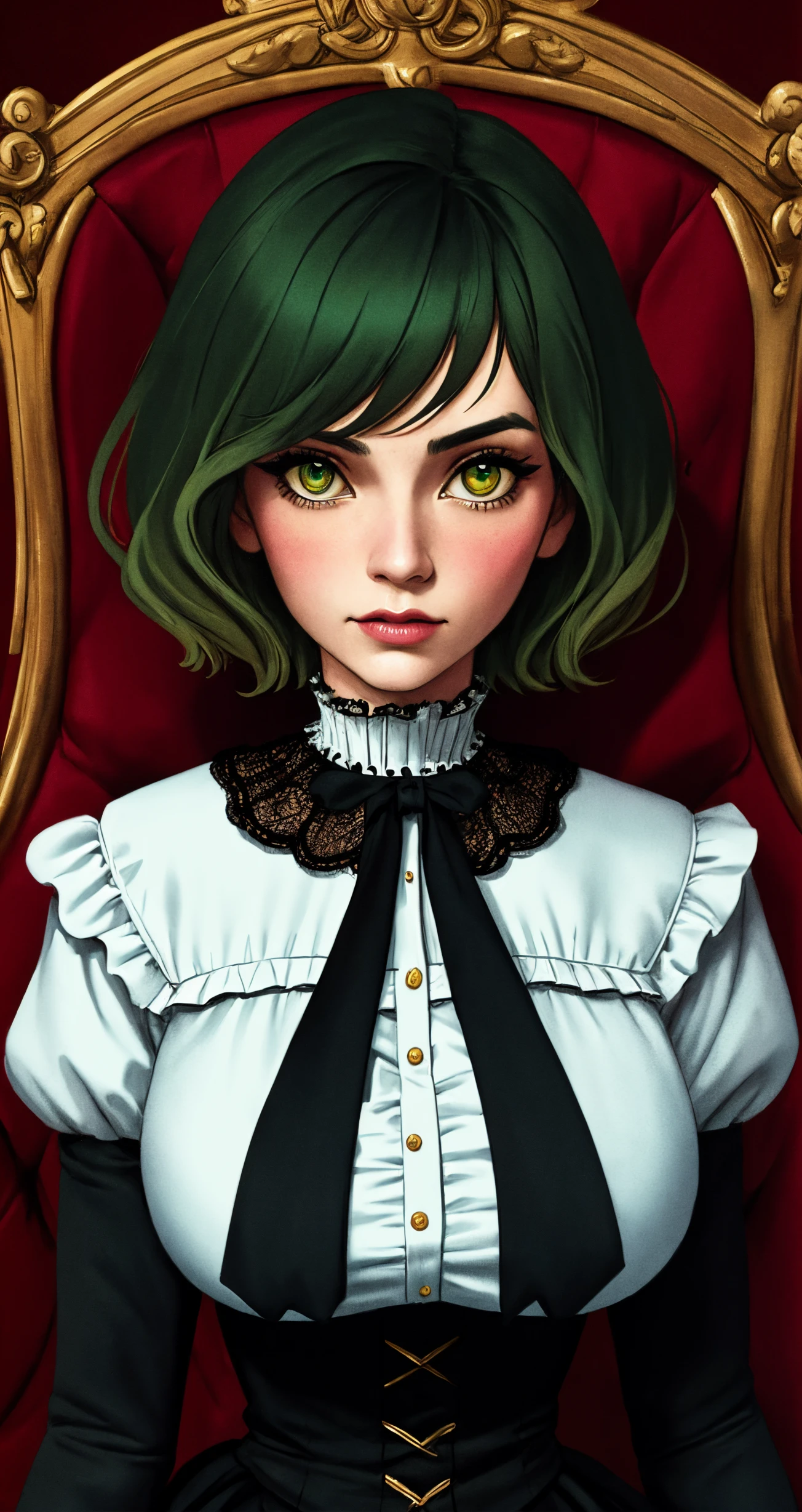woman, solo, dark green hair, amber eyes, hikikomori, 
([Jennifer Garner|Elizabeth Olsen|Elle Macpherson]:0.85), middle shot, ( [samdoesart style|uodenim style]:0.9), 
shot on 70mm, [round breast],
masterpiece, professional, high quality, beautiful, amazing, victorian, Getty Images, Tie, very short hair, 
masterpiece, highres,  4k, detailed background, nasty, (sophisticated:0.8), by Diane Dillon, by Johfra Bosschart,