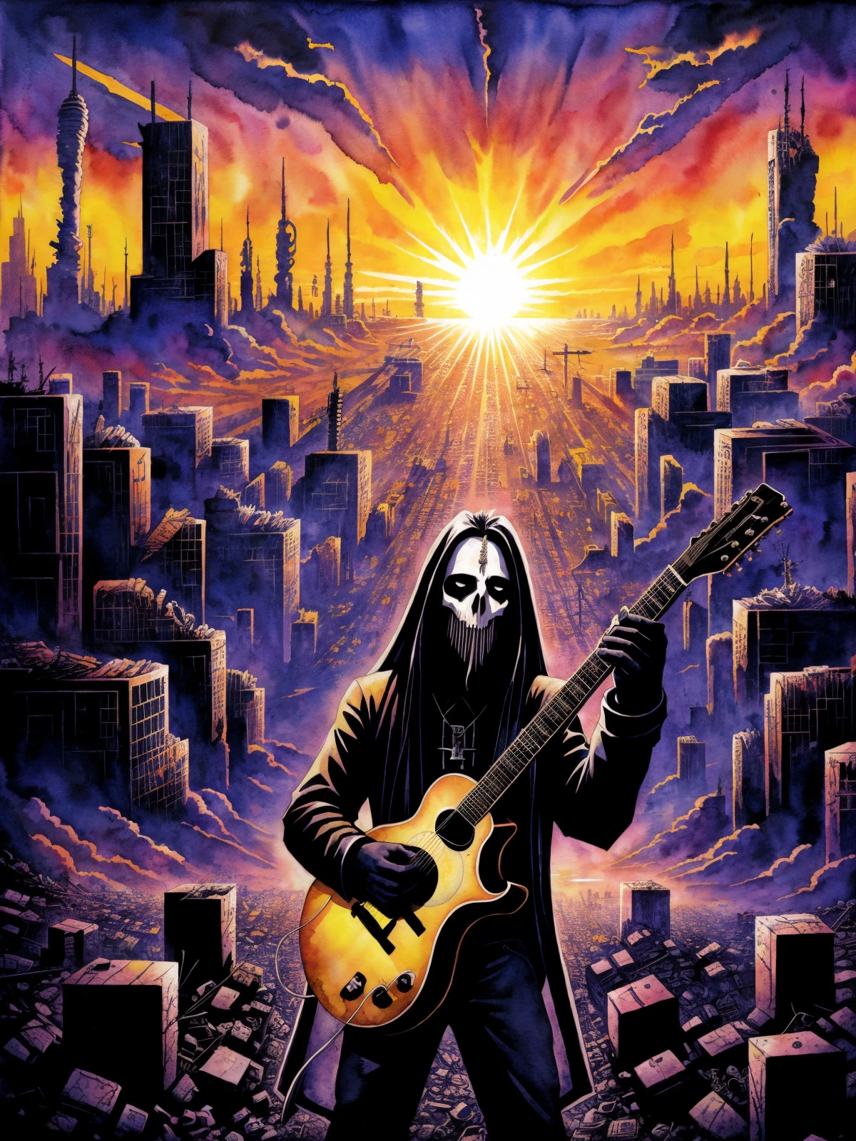A black metal guy plays his guitar on the last day on earth , post-apocalyptic destroyed city background (colorful aquarell ), ((new dawn)