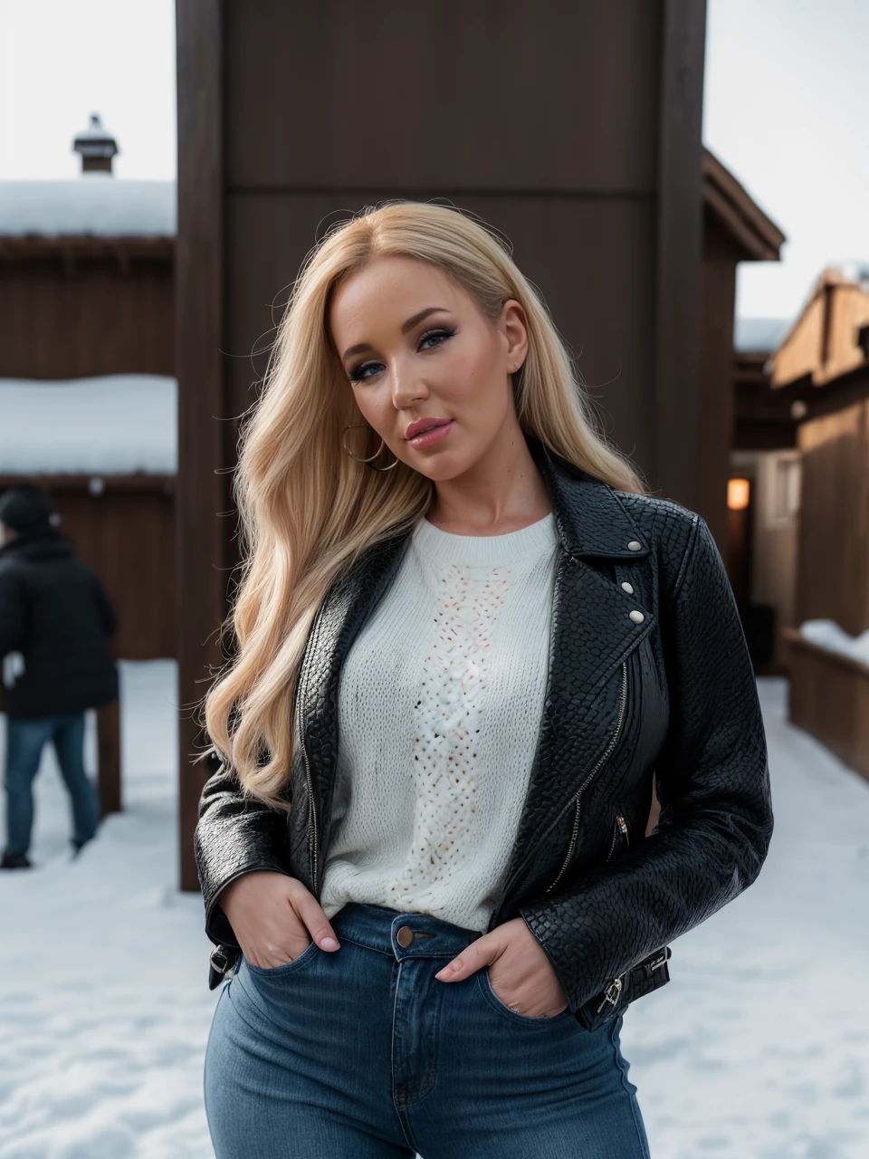(sfw!), A RAW photo of a beautiful blonde_haired woman, savbond, (wearing knitted_sweater and a leather_jacket and jeans!), snowy_village_street, cold, (snowing!), HDR, soft lighting, film grain, photorealistic, 8K, UHD, DSLR, <lora:epiNoiseoffset_v2:0.6> <lora:more_details:0.75>, detailed skin texture, (blush:0.5), (goosebumps:0.5), subsurface scattering, RAW candid cinema, 16mm, color graded portra 400 film, remarkable color, ultra realistic, textured skin, remarkable detailed pupils, realistic dull skin noise, visible skin detail, skin fuzz, dry skin, shot with cinematic camera