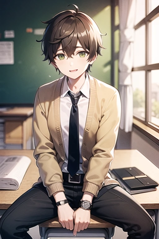 <lora:Ain-05:0.5> , ain, solo, looking at viewer, smile, short hair, brown hair, shirt, long sleeves, 1boy, hair between eyes, sitting, school uniform, green eyes, white shirt, male focus, open clothes, necktie, collared shirt, belt, pants, indoors, blurry, petals, window, blurry background, black pants, cardigan, curtains, black necktie, desk, watch, classroom, wristwatch, school desk, chalkboard, brown cardigan, on desk, sitting on desk