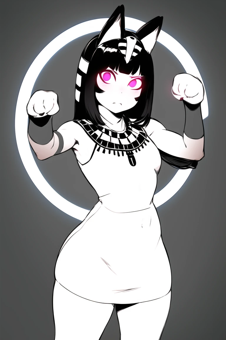 masterpiece,   excessive fog, glowing markings,   glowing eyes, prefect anatomy ,  <lora:ankhaAnimalCrossing_v1:0.8>, ankha, 1girl, solo, colored skin,animal ears, paw pose,  white dress, masterpiece, realistic,     ilyast3, <lora:IlyakuvshinovArtistST3-25:0.8>,monochrome,
