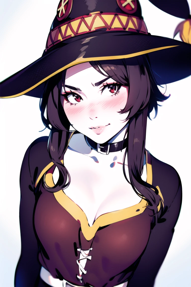 1girl, solo,looking at viewer,simple background, upper body, close-up
standing ,smile , cute, megumin, witch hat, red mage robe,brown hair, ,elbow hand out of frame, <lora:megumin_type2:0.6>, masterpiece, realistic, monochrome <lora:IlyakuvshinovArtistST3-25:0.8> , ilyast3