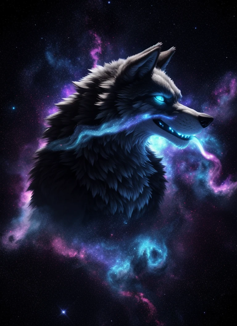 (wolf), energy, galaxies, spirals, space, nebulae, stars, smoke, iridescent, intricate detail, in the shape of a wolf, octane render, 8k