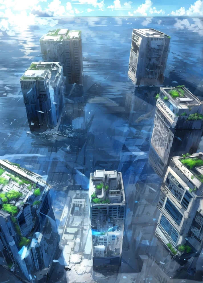ocean,building,city,concrete,ruins,masterpiece,best quality,ultra-detailed, ray tracing,perfect lighting,reflection, outdoors,blue sky, <lora:Submerged ruins-v1:1>, <lora:flat2:-0.5>