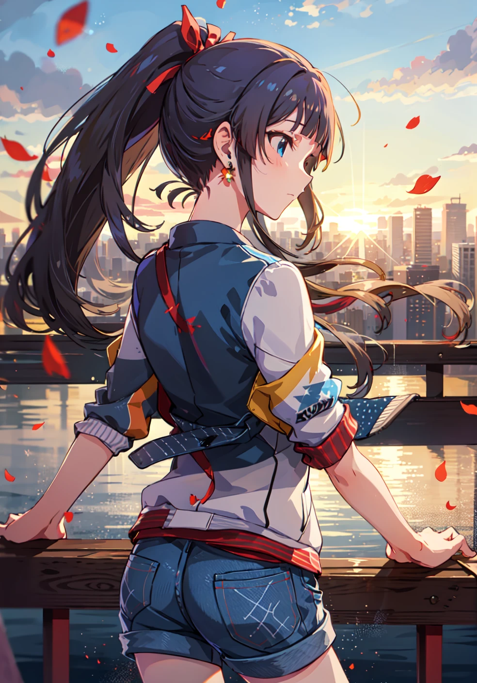 shizuka mogami (million live),
(best quality, 8K, masterpiece, ultra detailed:1.2),sparkle,light particles,blurry,lens flare,detailed backgorund,(wide shot, depth of field),
gradient sky, sunset, beautiful clouds, sunbeam, cityscape, skyline, floating petals, twilight, ray light, wind, islands and boats in distance,
1girl,solo,collarbone,black hair, long hair, blue eyes, blunt bangs, sidelocks, high ponytail,
multiclolred print jacket, leather jacket, leather, jewelry, earrings, denim shorts, outdoors, open jacket, from behind, leaning on rail,