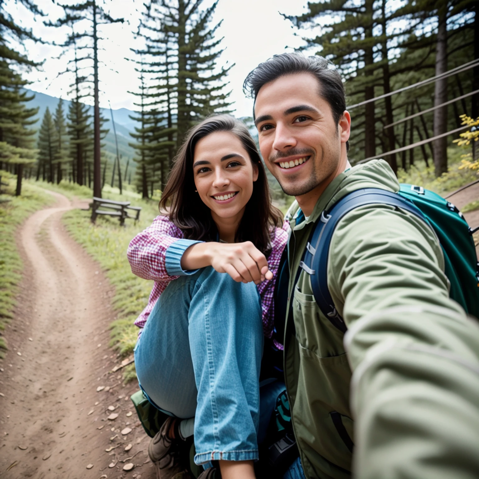 RAW photo, (masterpiece), best quality, extremely detailed, a scene involving two people, one woman and one man, couple, sharp,technical jacket hiking shorts,outside, sunny day,(outside on hiking trail), [smile512],sitting, mountains, trees, dirt trail,  (looking at viewer), 8k uhd, soft lighting, high quality, film grain, (full body portrait), (pov view), (armoutstretched),   intimate, self-portrait photography, <lyco:selfiearm_v2_lycoris:0.75>