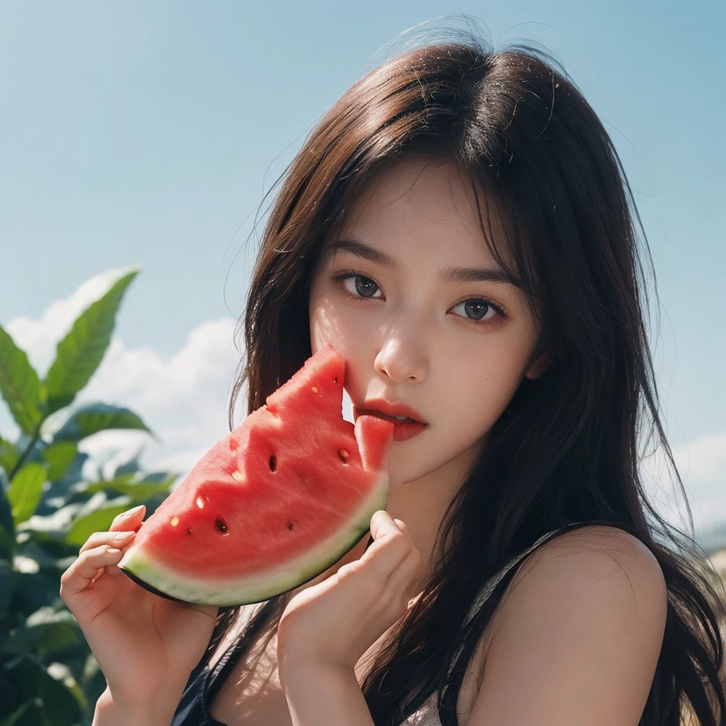 masterpiece,ultra realistic,32k,extremely detailed CG unity 8k wallpaper, best quality, 1 girl, eating watermelon, summer, film color, (film overlay:1.2), (faded overlay:1.5), <lora:JPfilmColor-000002:0.45>