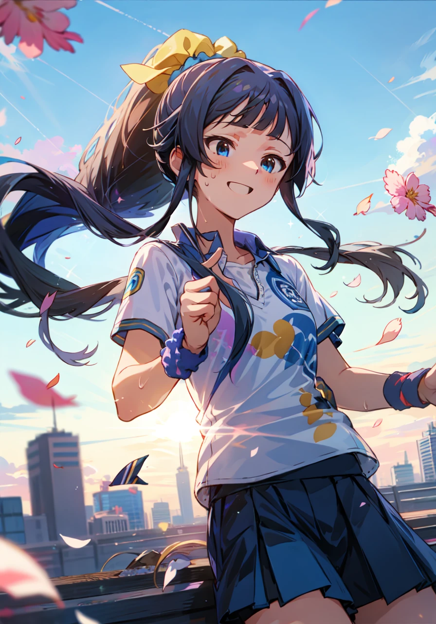 shizuka mogami (million live),
(best quality, 8K, masterpiece, ultra detailed:1.2),sparkle,light particles,blurry,lens flare,detailed backgorund,
gradient sky, day, dappled sunlight, blue sky, beautiful clouds, sunbeam, cityscape, skyline, floating petals,
1girl,solo,cute,slight smile,happy,innocent,collarbone,black hair, long hair, blue eyes, blunt bangs, sidelocks, high ponytail, hair scrunchie, sweatdrop,
tennis uniform, sportswear, wristband,