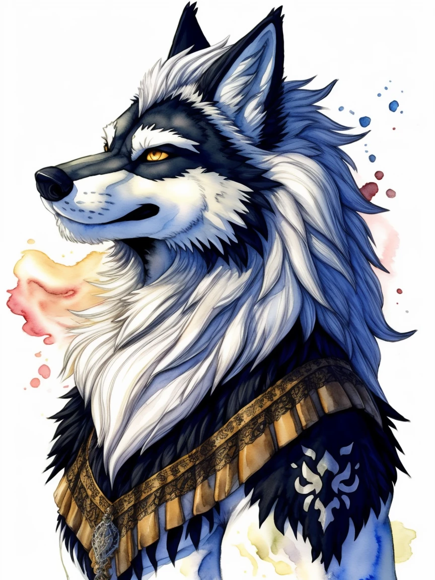 ornamental watercolor wolf, ink outline, fine details, feather mane