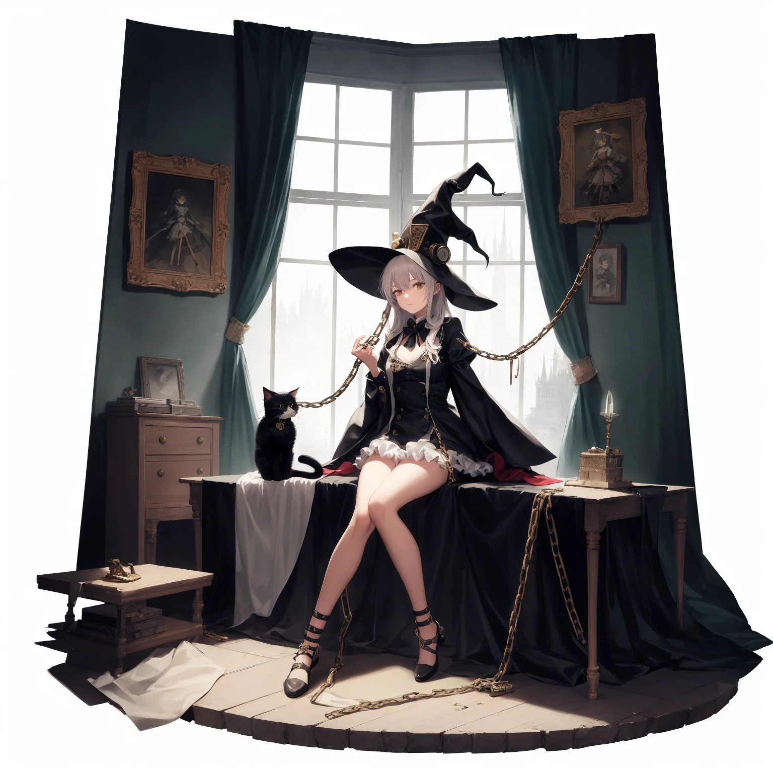 [(white background:1.15), ::2]1girl, solo, mid shot, full body,
<lora:GachaSplashAlter:1> <lora::1>
magic,(masterpiece:1.1),(best quality:1.2),pastel painting,highres,original,illustration,absurdres,Walpurgis Night,(magical),(summoning),Steampunk,Gothic style,magical girl,looking at viewer,full body,The girl's body is wrapped in chains,The girl was chained,The cat lies at the girl's feet,(wizard hat),(cat),Behind the girl,there are gears and clocks,