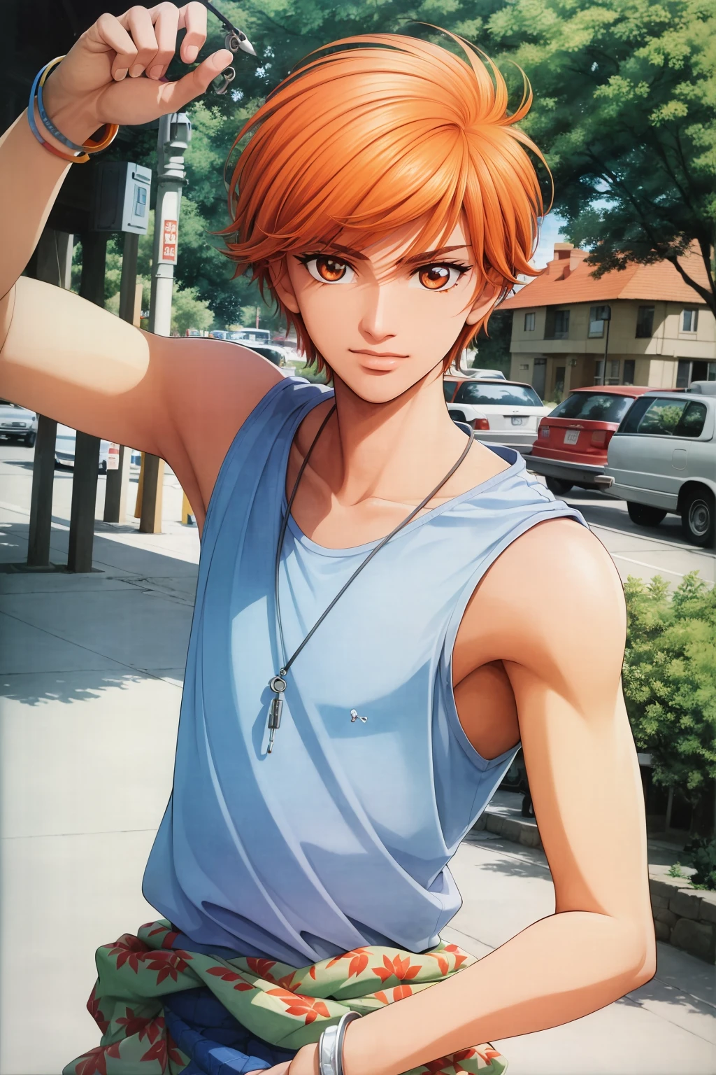 (Masterpiece, Best Quality:1.3), absurdres, (8k resolution), (Traditional Media:1.2), retro artstyle, Manga, illustration, cover, <lora:TENMA:0.8>, tenma, (male focus), solo, cowboy shot,  looking at viewer, necklace, tank top, bangle, clothes around waist, orange hair, orange eyes, (detailed face, detailed eyes:1.2), sneakers, sharp focus, (details:1.2), (depth of field), high quality, dynamic, graphite \(medium\), watercolor \(medium\), dark blue