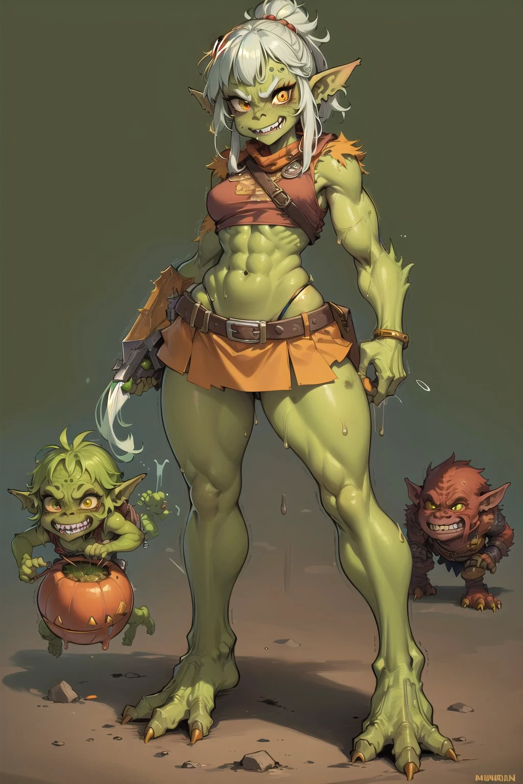 lineart, 2d, muscluar, absurdres, 1girl, ((monster girl, goblin, ork warrior)), sweat, anthro giant, (furry female:0.85), monster mash, colored skin, green skin