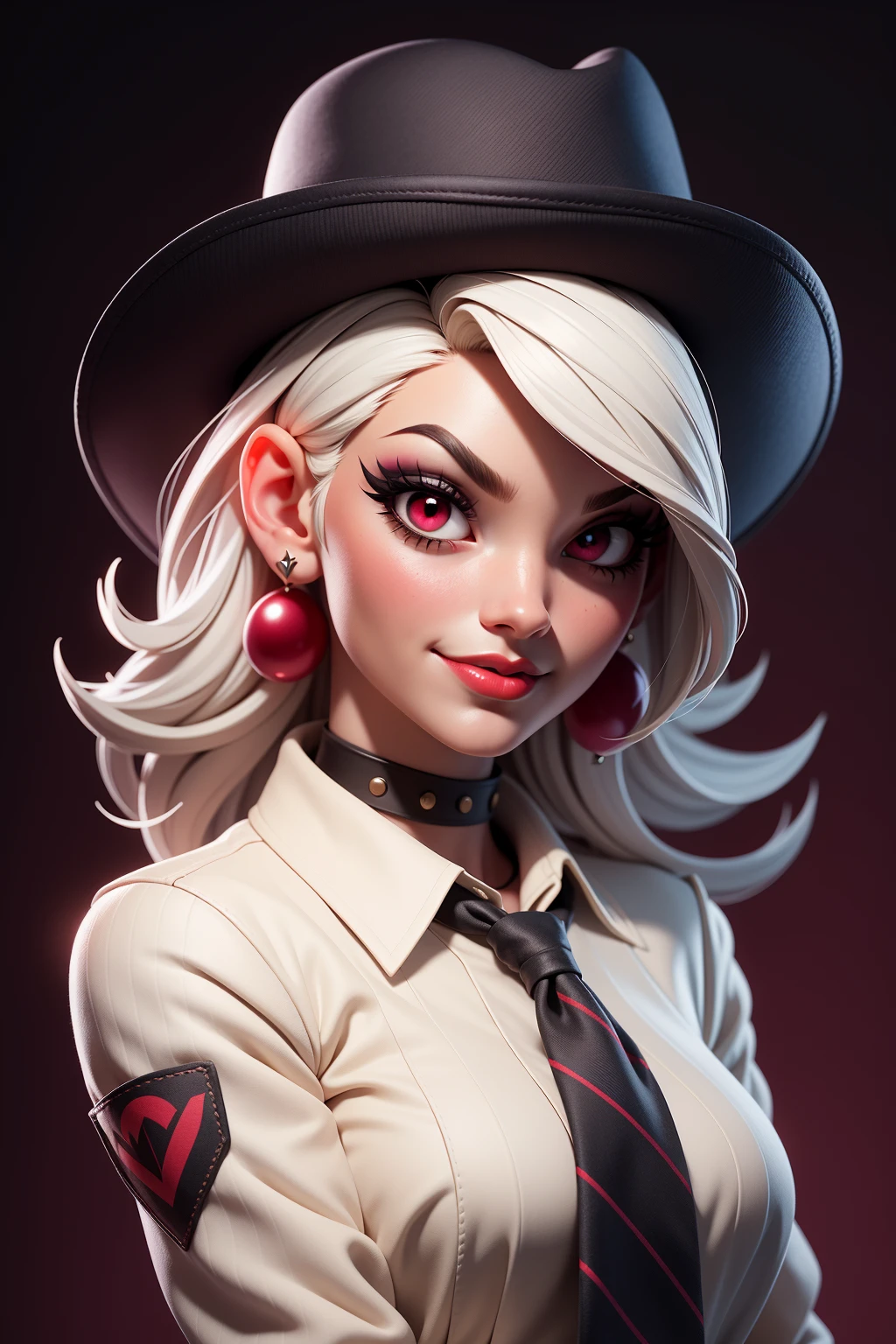mj3d style,3dmm,3d,1girl, ashe \(overwatch\), breasts, choker, collared shirt, cowboy hat, earrings, eyelashes, eyeshadow, gradient background, hat, highres, jacket, jewelry, lips, lipstick, logo, looking at viewer, makeup, medium breasts, medium hair, necktie, overwatch, parted lips, pinstripe pattern, pinstripe shirt, portrait, red background, red eyes, red lips, red necktie, shirt, smile, solo, striped, stud earrings, white hair, white shirt, ((masterpiece))