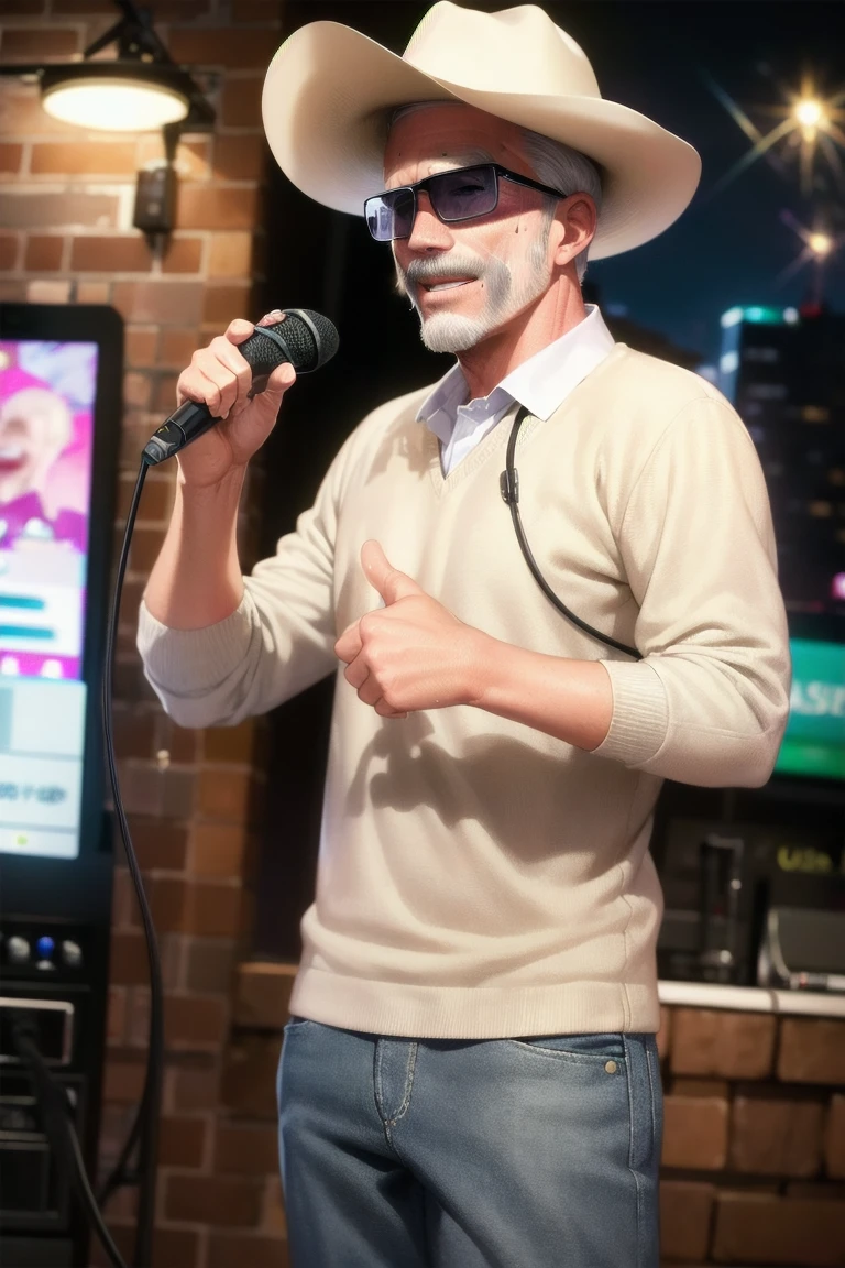 masterpiece, best quality, ultra-detailed, illustration,
karaokeroom, scenery, joypad, AT-CLM7000TX, microphone, karaoke,
older man, (mascular male:1.8), Fine macho, silver hair, short cut, sunglasses, cowboy hat, hold microphone, laughing, thumbs up,
<lora:KaraokeRoomV2-000008_1.0_MID5:1>
