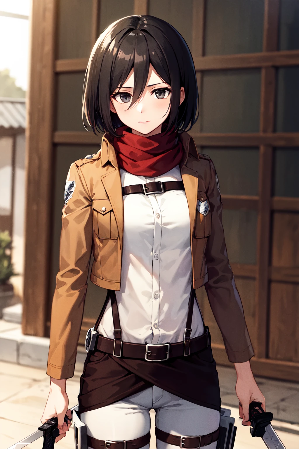 masterpiece, best quality, highres, hmmikasa, short hair, black eyes, scarf, emblem, belt, thigh strap, red scarf, white pants, brown jacket, long sleeves, <lora:mikasa_ackerman_v1:0.7>, holding weapon, sword, outdoors