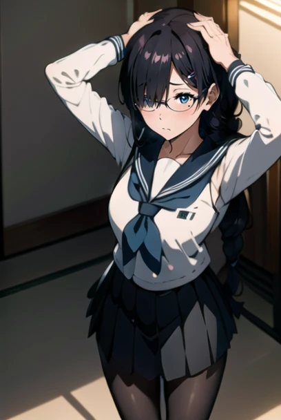 masterpiece, best quality, official art, professional artwork, highres, lens flare, (vibrant_color:1.2), chl1, <lora:Kaho_Juumonjiv2-10:0.9>, 1girl, solo, long hair, looking back, blue eyes, black hair, hair ornament, school uniform, braid, glasses, white serafuku, one hairclip, blue sailor collar, locks over her left eye, hair over her left eye, neckerchief, mole, mole under right eye, black skirt, pleated skirt, pantyhose, black pantyhose, japanese print, shy, blush, arms up, hands over head, seductive, frontal view, looking from above, american plane
