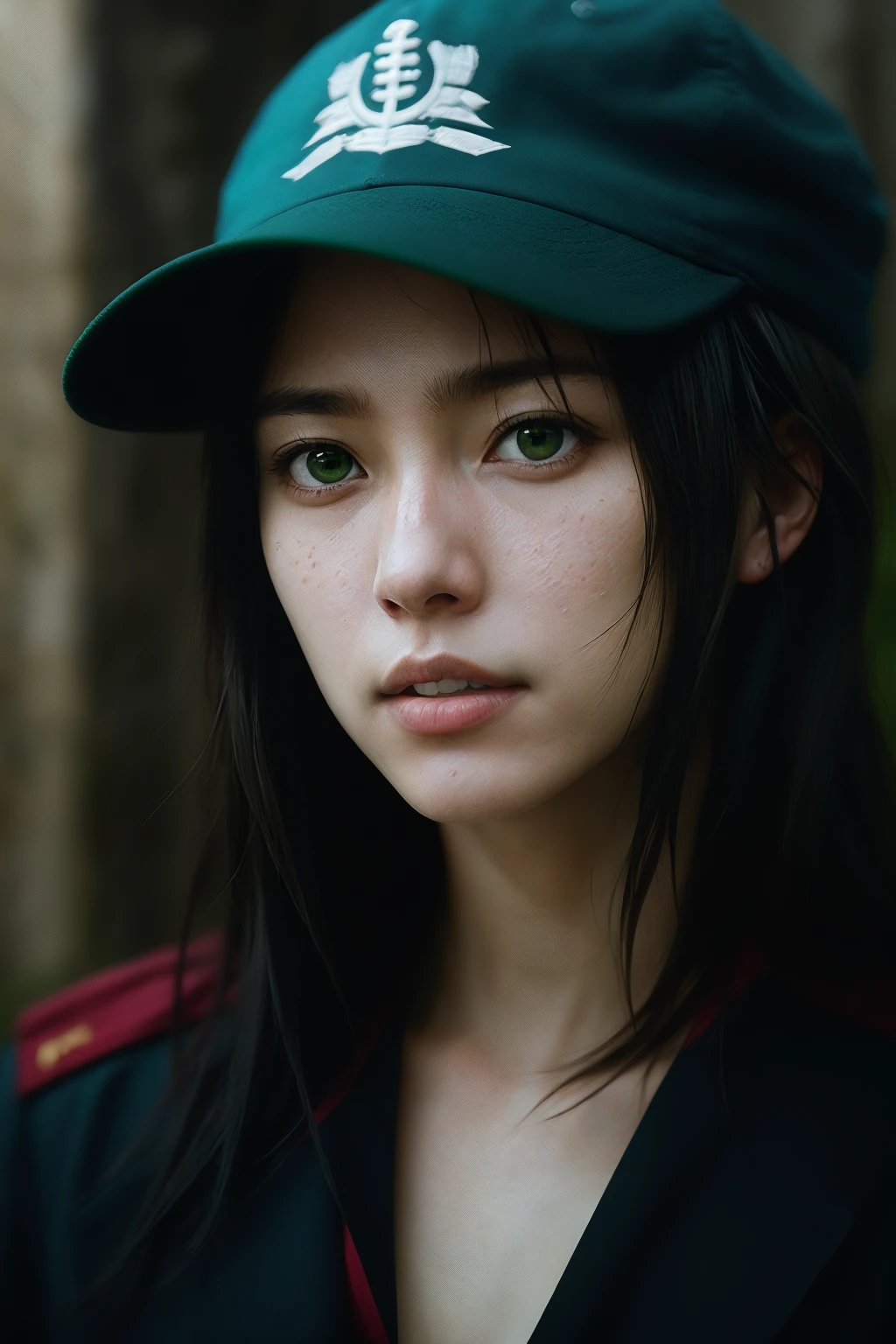 capitals girlwith a sailor red cap,red and black color clothes anime key visual full body portrait character concept art, commander with flowing brunette hair green eyes,long straight black hair, brutalist grimdark fantasy, kuudere noble dictator, trending pixiv fanbox, rule of thirds golden ratio, by greg rutkowski wlop makoto shinkai takashi takeuchi studio ghibli jamie wyeth,bw, (natural skin texture, hyperrealism, soft light, sharp) <lora:tangbohu_blurbg:2> <lora:FujiVelvia50:1>