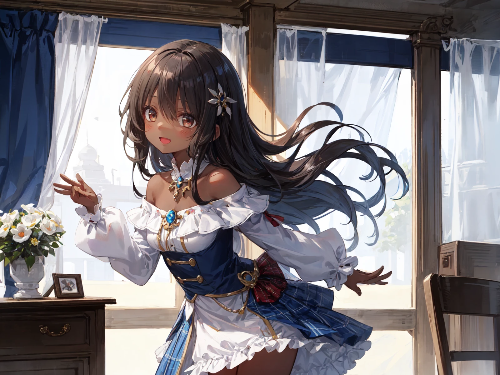 1 girl, ultra detailed, minor, beautiful hair and face, beautiful eyes,
dark skin, (round eyes:1.3), (happy:1.2), :D, black hair, long hair, straight hair, dark brown eyes,
white cloth, medium breasts, off shoulder, long sleeves, blue skirt, plaid skirt,
from front, cowboy shot, dancing, face up, princess room, <lora:kasshokuhada:0.3> <lora:flat2:-0.3> <lora:hairdetailer:0.2>