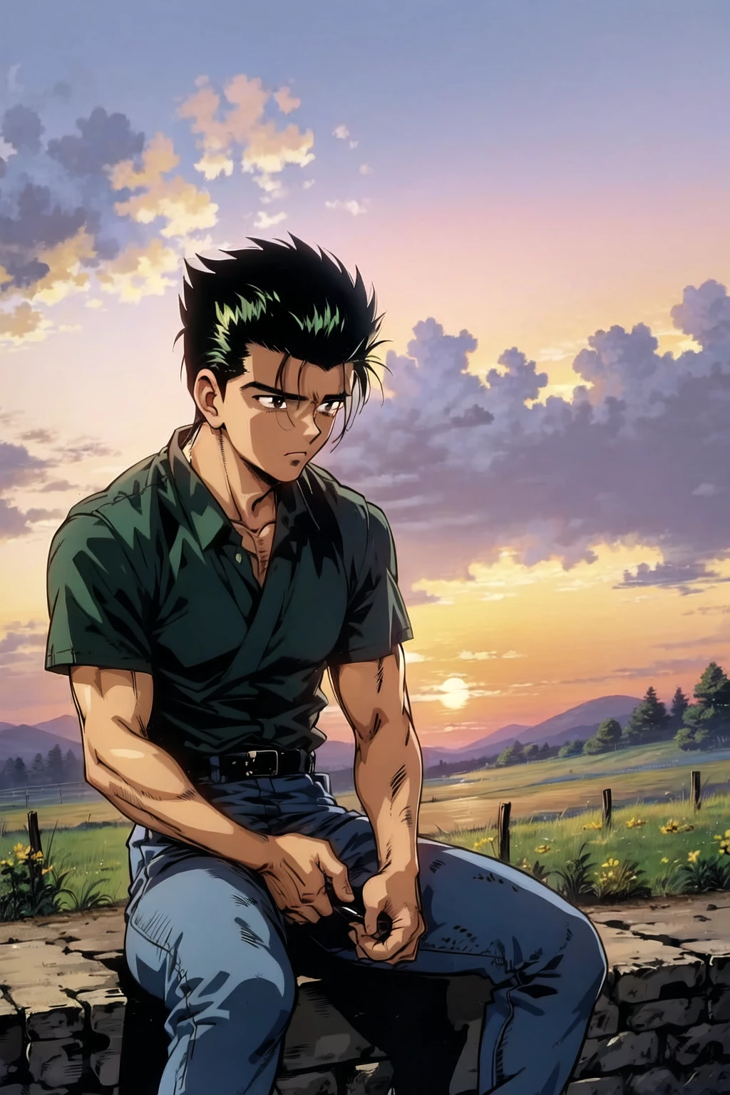 urameshi yusuke, 1990s \(style\), 1boy, animal, cloud, cloudy sky, male focus, outdoors, purple sky, sky, solo, sunset, twilight <lora:90sv1.3RW:0.6>