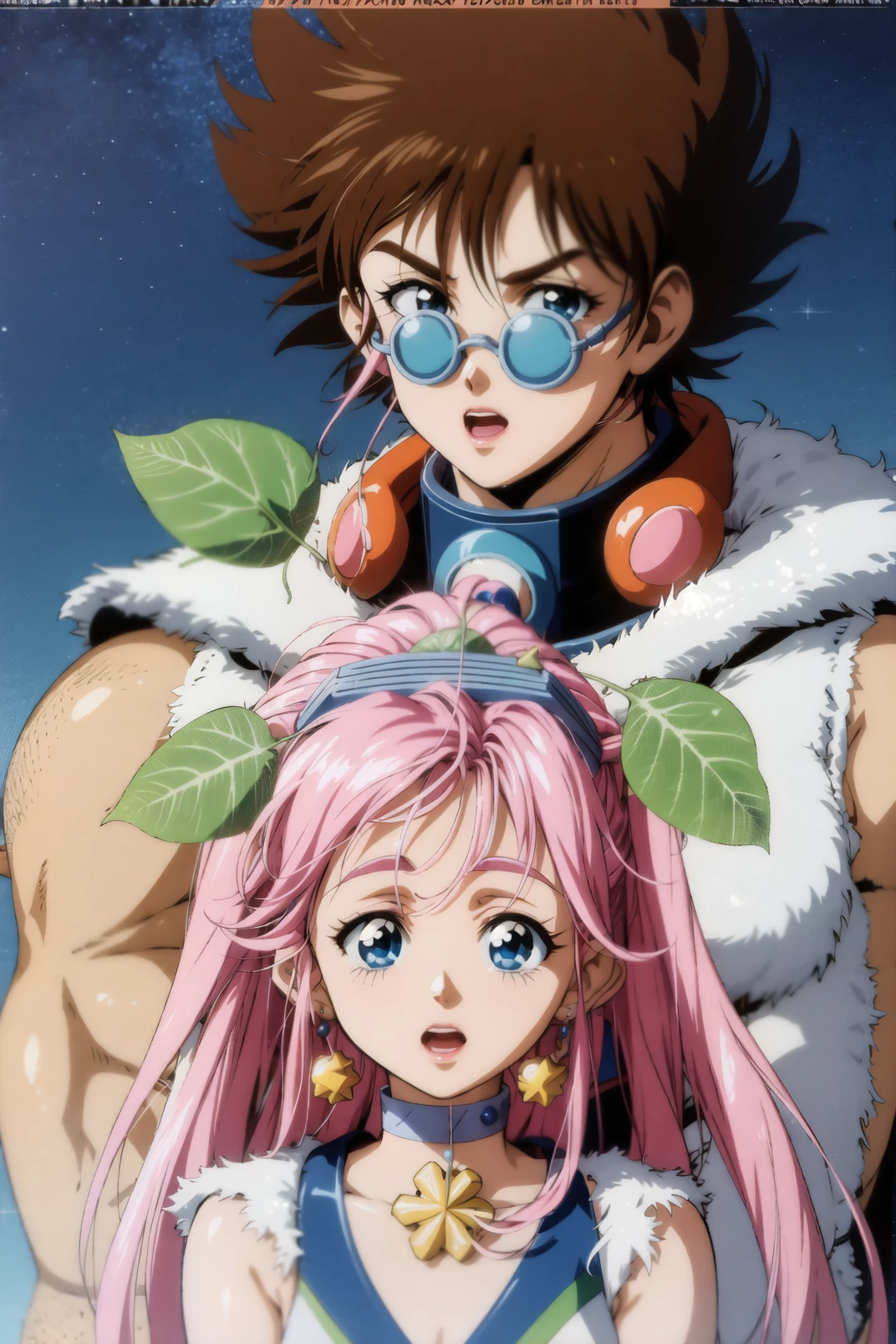 nekki basara, mylene flare jenius, 1boy, 1girl, blue eyes, brown hair, glasses, jewelry, long hair, looking at viewer, muscular, night, open mouth, pink hair, plant, round eyewear, short hair, star \(sky\), starry sky, tanabata <lora:90sv1.3RW:0.6>
