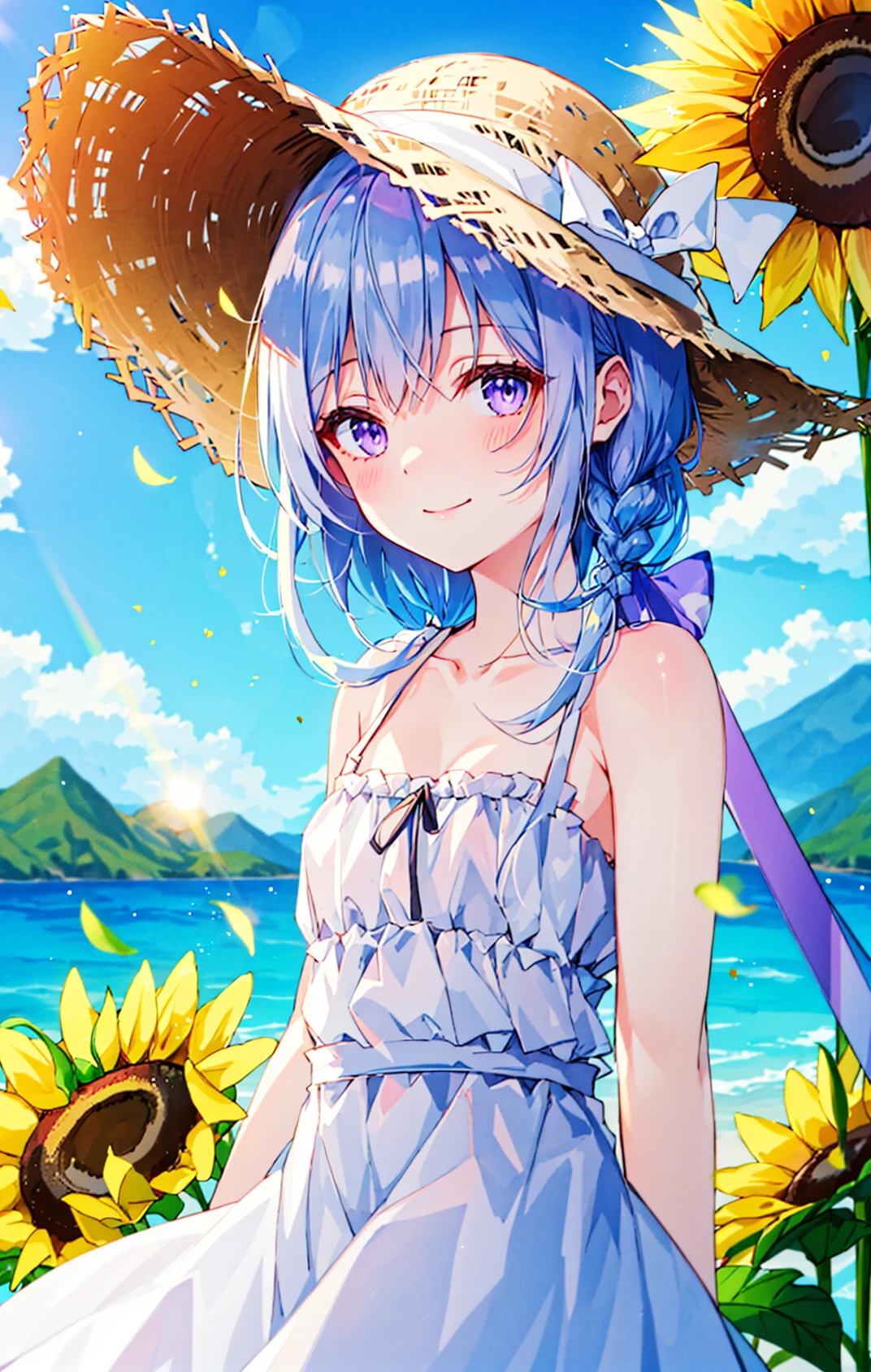 1girl, bangs, bare_shoulders, basket, blue_sky, blurry, blurry_background, blurry_foreground, blush, bow, braid, brown_headwear, cloud, cloudy_sky, condensation_trail, day, depth_of_field, dress, falling_petals, field, flower, flower_field, hair_ribbon, hat, hat_flower, hat_ribbon, holding, holding_flower, leaf, leaves_in_wind, lens_flare, long_hair, looking_at_viewer, mountain, mountainous_horizon, outdoors, petals, plaid, purple_eyes, rainbow, ribbon, silver_hair, sky, sleeveless, sleeveless_dress, smile, solo, straw_hat, summer, sun_hat, sundress, sunflower, sunflower_hair_ornament, tail, very_long_hair, virtual_youtuber, white_bow, white_dress, white_ribbon, wind, yellow_flower
<lora:style_rurudo:1>