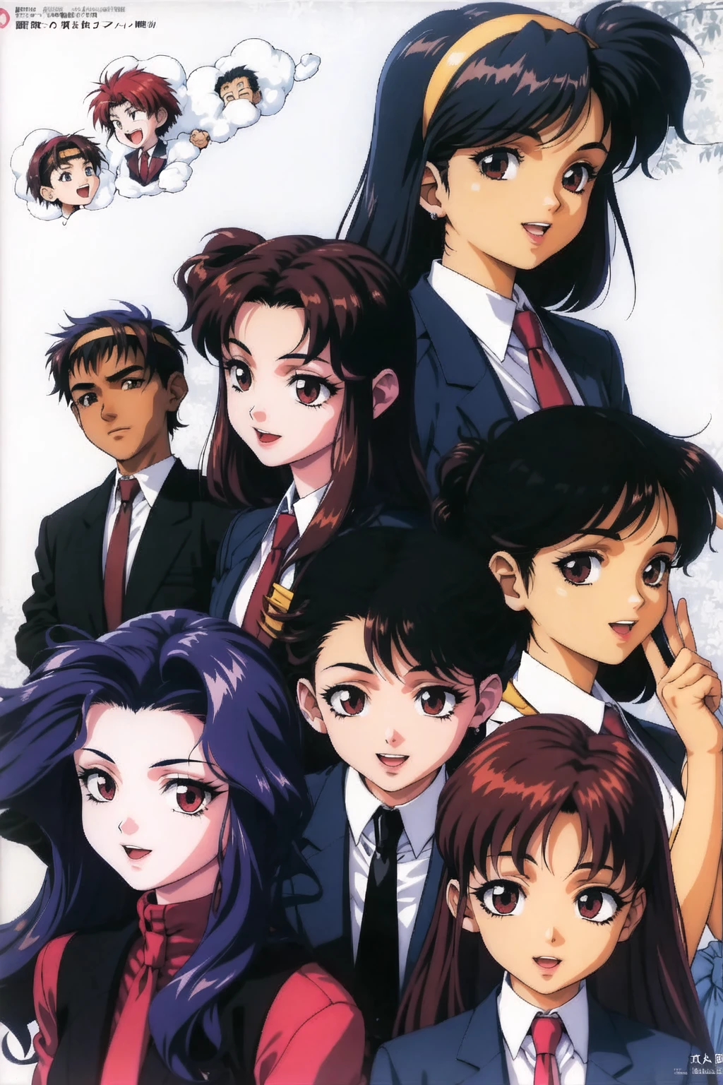 jinnai katsuhiko, jinnaimi katsuhiko, mizuhara makoto, jinnai nanami, alielle, shayla-shayla, 1990s \(style\), 6+girls, animal, animal on head, bare tree, black hair, black necktie, brown hair, cat, formal, hairband, headband, jewelry, long hair, makeup, multiple boys, multiple girls, necktie, on head, open mouth, purple hair, red hair, retro artstyle, short hair, smile, suit, tree <lora:90sv1.3RW:0.6>
