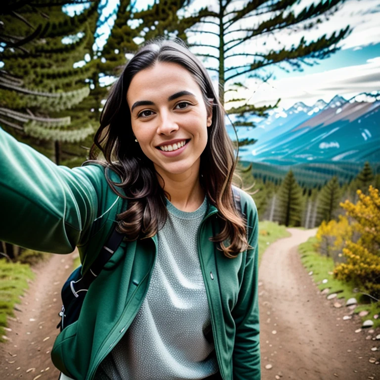 RAW photo, (masterpiece), best quality, extremely detailed, a scene involving two people, one woman and one man, couple, sharp,technical jacket hiking shorts,outside, sunny day,(outside on hiking trail), [smile512],sitting, mountains, trees, dirt trail,  (looking at viewer), 8k uhd, soft lighting, high quality, film grain, (full body portrait), (pov view), (armoutstretched),   intimate, self-portrait photography, <lyco:selfiearm_v2_lycoris:0.75>